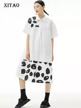 XITAO контрастное цветное платье трапециевидной формы с короткими рукавами и отложным воротником, однобортное простое свободное летнее платье LYD1874 One Size белый