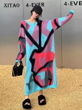 XITAO контрастное цветное вязаное платье, свободное модное простое платье с длинными рукавами LYD1202