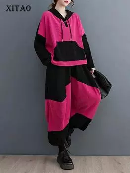 XITAO контрастного цвета, лоскутные комплекты брюк с капюшоном, брюки до щиколотки, свободные повседневные ZZ0161