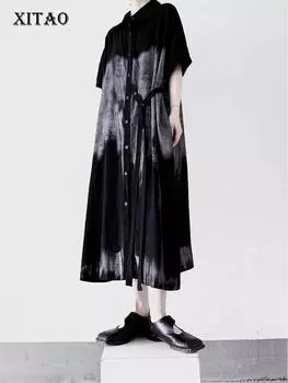 Xitao Контрастного цвета однобортное платье-рубашка с отложным воротником и коротким рукавом, свободное утягивающее платье 2024 года, повседневное летнее платье WLD20260 One Size чёрный