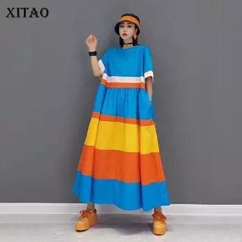 XITAO контрастного цвета, платье большого размера, модное новое, свободные складки, простота, повседневный женский воротник с круглым вырезом CLL1248 One Size синий