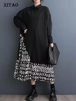 XITAO контрастного цвета с длинным рукавом повседневное женское платье HQQ2171 One Size зелёный