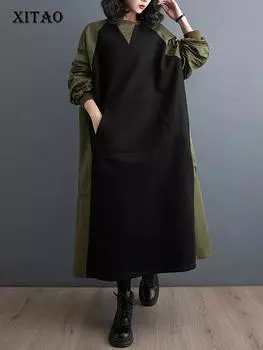 XITAO контрастного цвета в стиле пэчворк, пуловер с длинными рукавами, свободный зимний новый женский HQQ2007 One Size зелёный