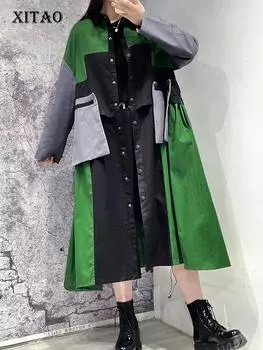 XITAO контрастного цвета в стиле пэчворк, женский плащ, свободное индивидуальное пальто WLD6752 One Size зелёный