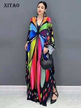 XITAO контрастного цвета женское повседневное свободное платье с рукавами «летучая мышь» и принтом ZY8772 One Size