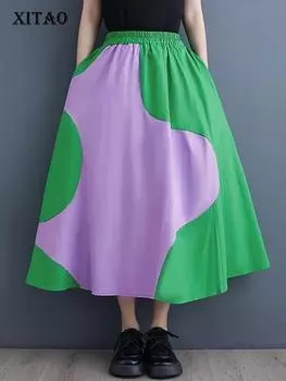 XITAO контрастные цвета в стиле пэчворк, свободные повседневные юбки трапециевидной формы, новинка DMJ3860 One Size чёрный