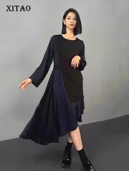 Xitao Контрастные цветные лоскутные асимметричные платья HJF86619 One Size чёрный