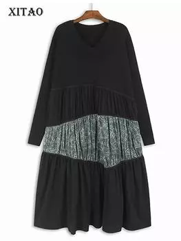 XITAO Контрастные цветные вязаные платья с V-образным вырезом HQQ2405 One Size чёрный