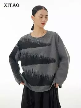XITAO корейский принт женская футболка с длинным рукавом и круглым вырезом модные простые повседневные свободные женские футболки HQQ1956 One Size чёрный