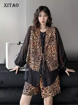 XITAO короткие комплекты для женщин Перспектива ложные две рубашки с леопардовым принтом топ короткие брюки из двух предметов HQQ0195