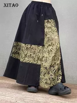 Xitao Кружевная лоскутная юбка контрастного цвета, свободная модная повседневная женская летняя новая универсальная юбка трапециевидной формы, уличная мода WLD20250 One Size чёрный