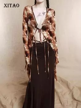 XITAO кружевная повязка асимметричная рубашка с принтом винтажный женский топ с цветочным принтом WLD20161