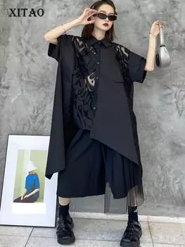 XITAO кружевное лоскутное платье неправильной формы с короткими рукавами ZY8659 One Size чёрный