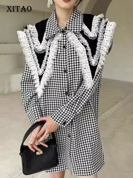 XITAO кружевное платье с двойным воротником модное свободное однобортное женское платье с длинным рукавом WMD3064