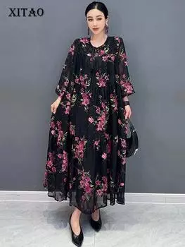 XITAO кружевное платье с круглым вырезом и принтом, пуловер, женское универсальное платье DMJ4077