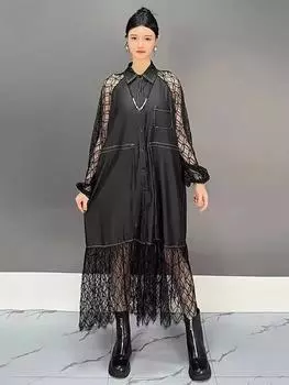 XITAO кружевное пэчворк присборенное однобортное платье GMM1189 One Size чёрный