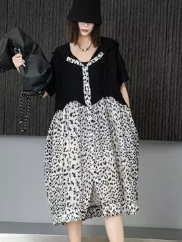 XITAO Леопардовое однобортное свободное платье с капюшоном и короткими рукавами, новое WLD20164