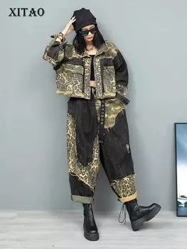 XITAO Леопардовый принт Контрастный цвет Брючный комплект Отложной воротник Однобортный топ Брюки с карманами и эластичной талией Новинка осени HQQ2377 L чёрный