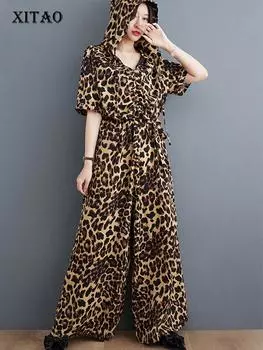 XITAO леопардовый принт с капюшоном, модные женские комбинезоны HQQ0067 One Size коричневый