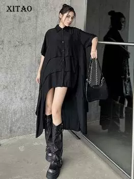 Xitao Личное асимметричное женское черное повседневное свободное однобортное платье DMJ4134