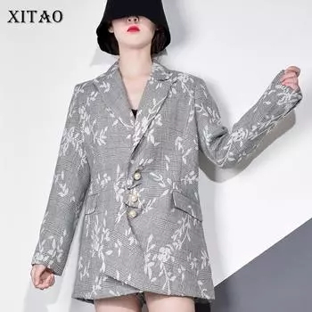 XITAO листья кнопки пиджаки женские с длинным рукавом личности элегантный карман LYH2650 One Size серый