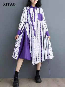 Xitao Свободное платье-рубашка с асимметричным принтом DMJ4164 One Size синий