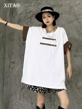 XITAO Loose Casual T-shirt Contrast Color Fashion Zipper Decorate Women Top WLD20196
