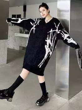 XITAO свободный покрой повседневный однотонный женский свитер с V-образным вырезом, цветной блокирующий вязаный длинный стиль, осенний женский пуловер GMM1096 One Size чёрный