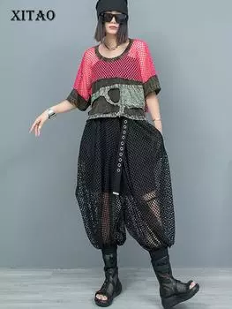 XITAO Loose Hollow Out Patchwork Two Piece Set Contrast Color Women Sets WLD20150