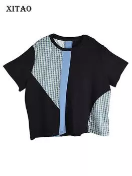XITAO Loose Patchwork Print T-shirts Contrast Color Women New Casual Top GJ1026