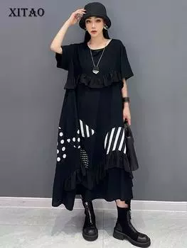 XITAO Loose Patchwork Ruffles Irregular Print Dress Casual Fashion Women ZY8728