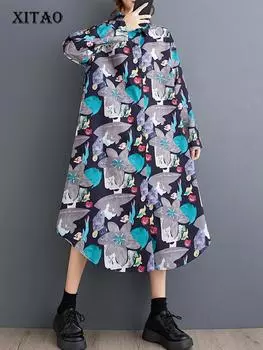 XITAO Loose Print Irregular Shirt Dress HJF8190