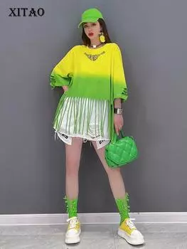XITAO лоскутная футболка с кисточками женская корейская летняя новая индивидуальная модная свободная футболка с круглым вырезом и рукавами три четверти ZY6822