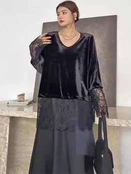 Xitao Лоскутная кружевная футболка свободного покроя с длинным рукавом GMM1069 One Size чёрный