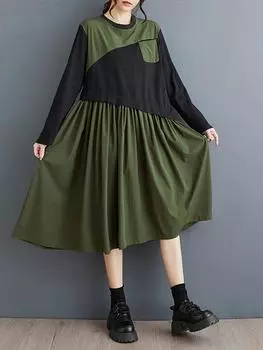 Xitao Лоскутное цветное женское платье с круглым вырезом GYX1040 One Size зелёный