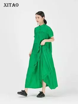 Xitao Лоскутное драпированное повседневное новое платье модное свободное женское платье с воротником-стойкой DZL1080 One Size зелёный
