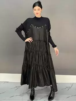 Xitao Лоскутное гофрированное винтажное женское платье с длинными рукавами GMM1154 One Size чёрный