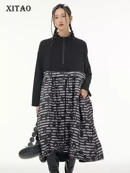 XITAO лоскутное карманное свободное платье-пуловер в полоску с цветочным принтом, Новое поступление, повседневное модное универсальное платье WLD13146 One Size зелёный