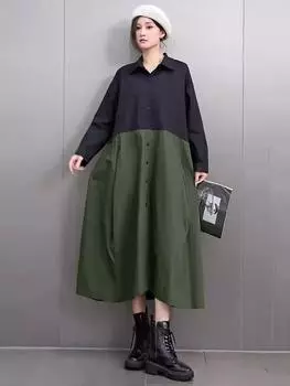 XITAO Лоскутное контрастного цвета платье А-силуэта с отложным воротником GMM1127 One Size армия зеленый