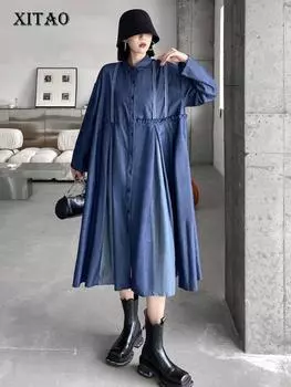 XITAO лоскутное однобортное платье женское индивидуальное модное свободное платье с воротником-поло и длинными рукавами, новинка Кореи ZY8149 One Size чёрный