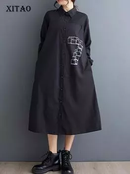 Xitao Лоскутное платье с длинными рукавами и принтом, однобортное, модное, повседневное, универсальное, свободное, уличное, трендовое, женское, новое платье ZY8890 One Size чёрный