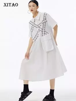 Xitao Лоскутное платье с отложным воротником и принтом, свободный повседневный универсальный пуловер, простота 2024 года, новое летнее женское платье DMJ4153 One Size белый