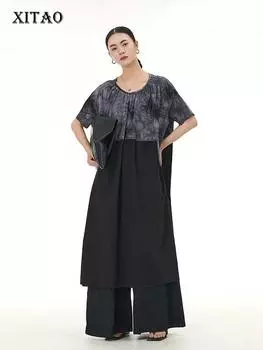 XITAO Лоскутное платье с принтом тай-дай Свободное платье с коротким рукавом Повседневная летняя мода LYD1636 One Size чёрный