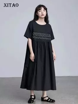 Xitao Лоскутное платье с принтом в горошек и круглым вырезом DMJ5000 One Size чёрный