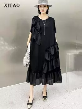 XITAO лоскутное платье с воланами по краям, однотонное свободное новое модное платье GJ1030