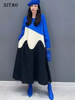 XITAO лоскутное платье трапециевидной формы с круглым вырезом и длинным рукавом, свободное женское платье DMJ3968 One Size синий