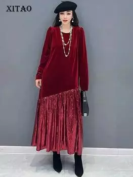 XITAO Лоскутное плиссированное платье-пуловер, свободное повседневное однотонное платье с круглым вырезом и длинными рукавами, темпераментное женское новое DMJ3521 One Size чёрный