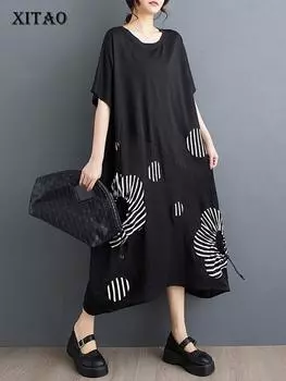 XITAO Лоскутное свободное платье в полоску с круглым вырезом и коротким рукавом женское платье LYD1785