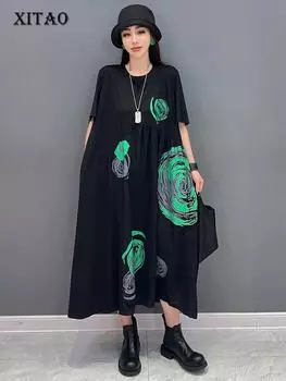 XITAO лоскутное женское платье с коротким рукавом и круглым вырезом с принтом LYD1728