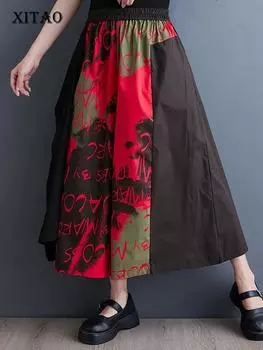Xitao Лоскутные брюки с буквенным принтом, свободные повседневные широкие брюки до щиколотки с эластичной резинкой на талии DMJ2340